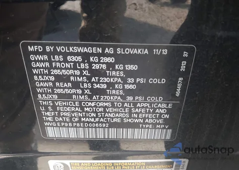 2014 Volkswagen Touareg Tdi Lux из США, поврежденный, VIN WVGEP9BP8ED006592